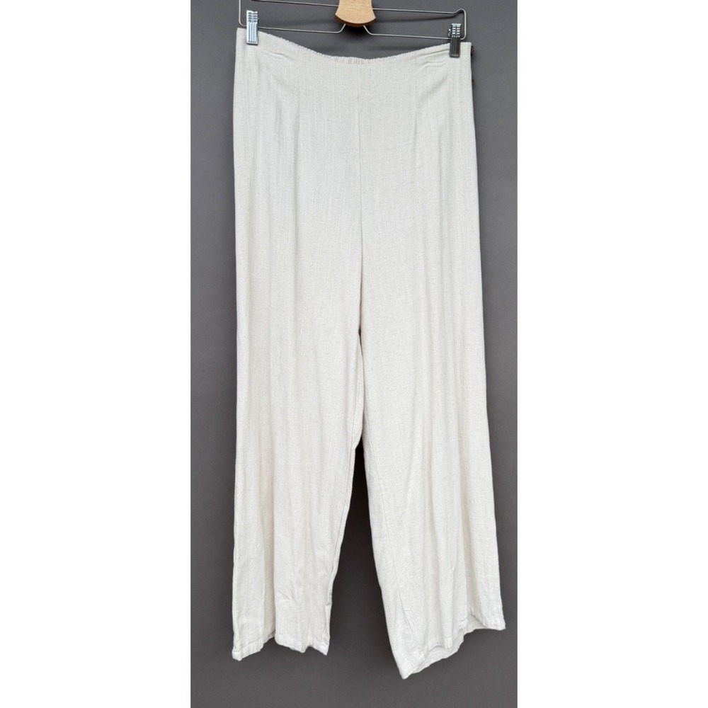 Siennaā Sky Linen Blend Wide Leg Pants Large Oatmeal Beige Button Detail Coastal